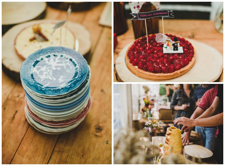 Love & Tralala Mariage champêtre en Dordogne - vaisselle vintage chinée, tarte avec lego, rondins de bois